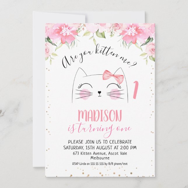 Floral Kitten Face Are Your kitten me Birthday Invitation (Front)