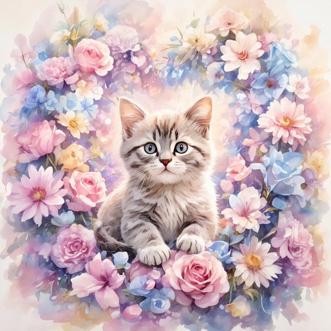 Floral Kitten Round Pillow (Romantic Floral Kitten Round Throw Pillow)