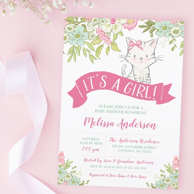 Floral Kitty Girl Baby Shower Invitation (Creator Uploaded)
