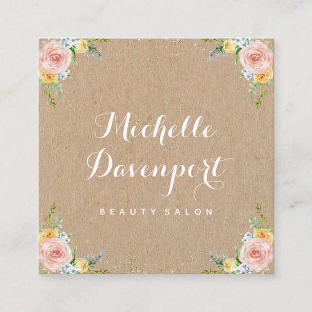 Floral kraft square business card (Front)