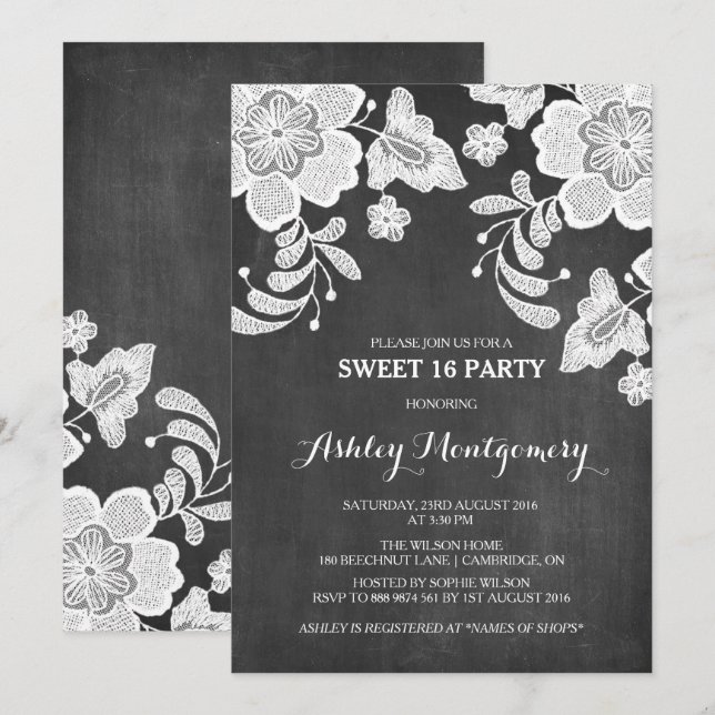 Floral Lace | Chalkboard Sweet Sixteen Invitation (Front/Back)