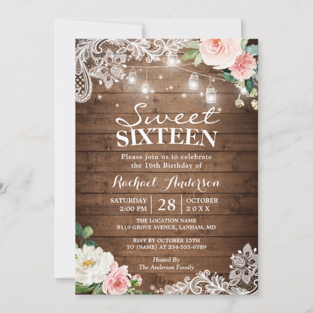 Floral Lace Mason Jar Lights Sweet 16 Birthday Invitation (Front)