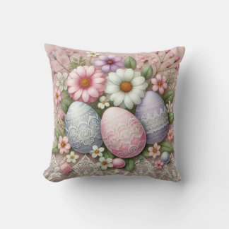 Floral lace pastel pink Easter eggs and flowers  Cushion
