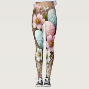 Floral lace pastel pink Easter eggs and flowers Leggings