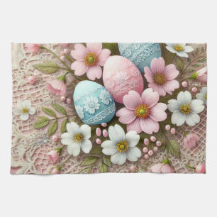 Floral lace pastel pink Easter eggs and flowers Tea Towel