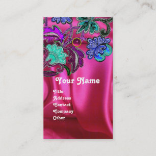 FLORAL LACE PINK FUCHSIA SILK CLOTH, GEM MONOGRAM BUSINESS CARD
