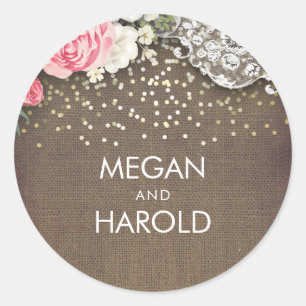 Floral Lace Rustic Burlap Gold Confetti Wedding Classic Round Sticker