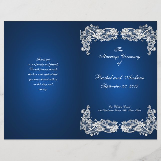 Floral Lace Sapphire Blue Wedding Program (Front)