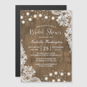 Floral Lace String Light Rustic Wood Bridal Shower Magnetic Invitation