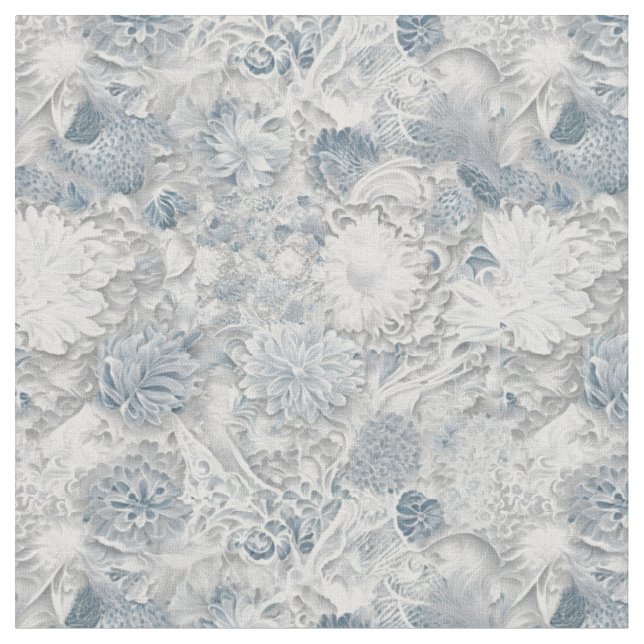 Floral Lace White and Blue pattern Fabric (Close Up)