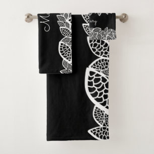 Floral Lace Your Name Black White Bath Towel Set