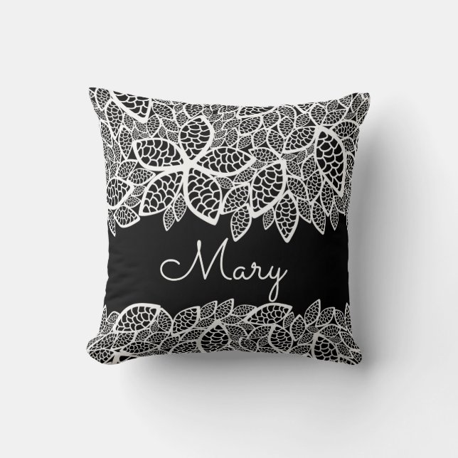 Floral Lace Your Name Black White Cushion (Front)
