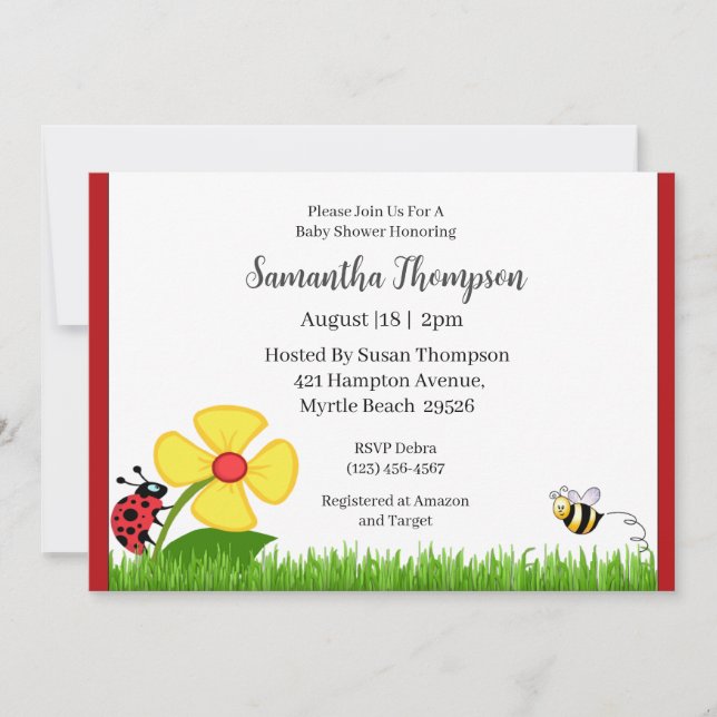 Floral Ladybug and  Bee Baby Shower Invitation (Front)