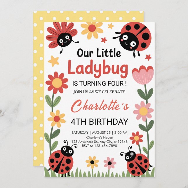 Floral ladybug birthday invitation (Front/Back)