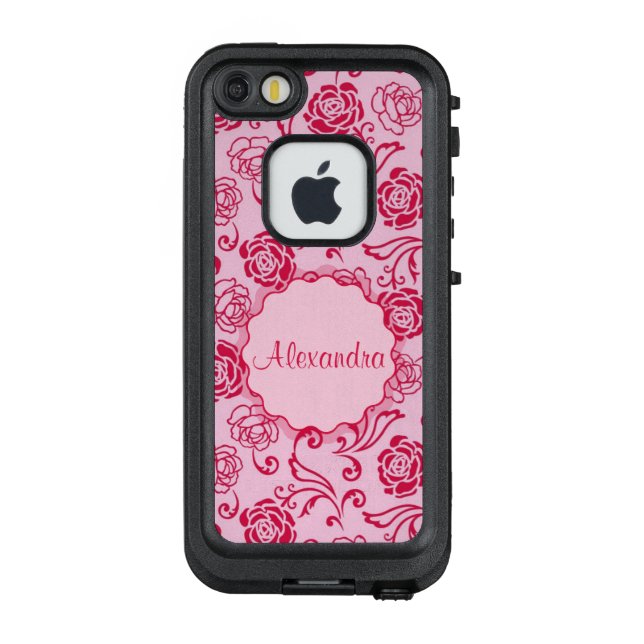Floral lattice pattern of tea roses on pink name LifeProof iPhone case (Back)