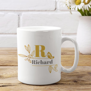 Floral Laurel Initial Letter Monogram Name Coffee  Mug