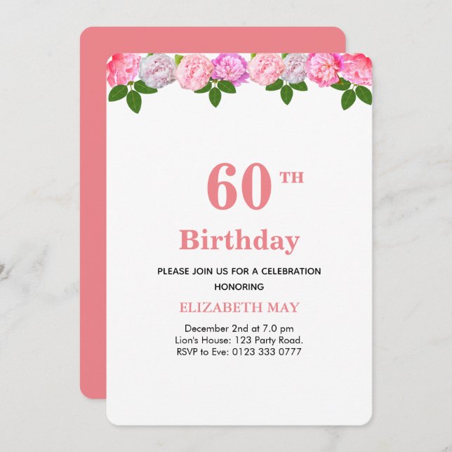 Floral & Laurel Leaves 40th, 60th Birthday Invitation (Front/Back)