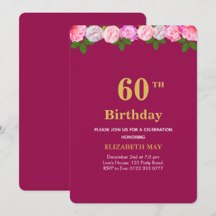 Floral & Laurel Leaves 60th Birthday on Burgundy Invitation