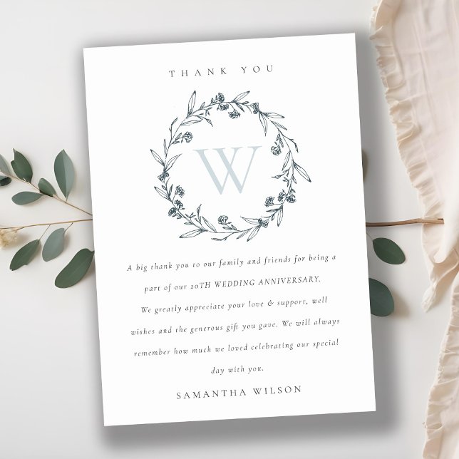 Floral Laurel Wreath Monogram Any Year Anniversary Thank You Card (Creator Uploaded)