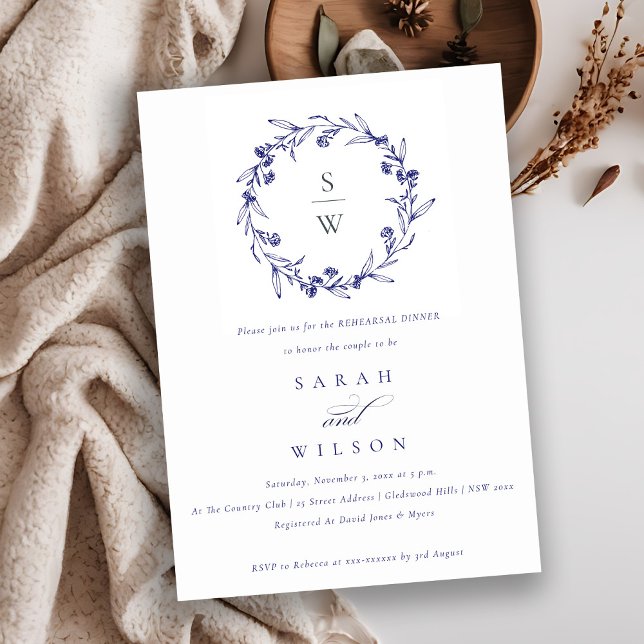 Floral Laurel Wreath Navy Blue Rehearsal Dinner Invitation (Creator Uploaded)