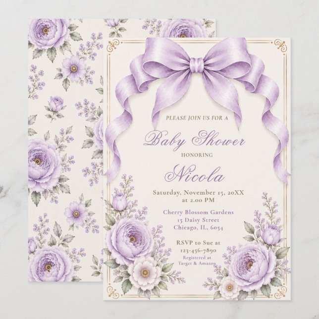 Floral Lavender Coquette Bow Baby Shower Invitation (Front/Back)