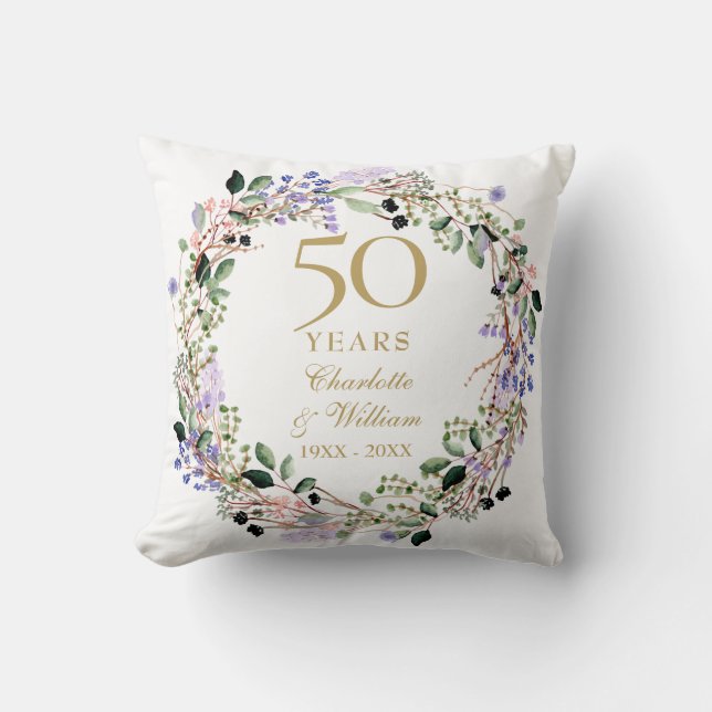 Floral Lavender Garland 50th Anniversary Photo Cushion (Front)