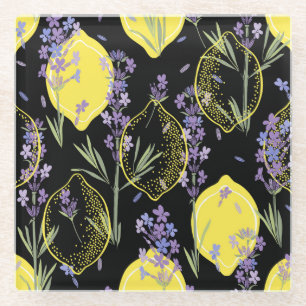 Floral Lavender Lemons Vintage Illustration Glass Coaster