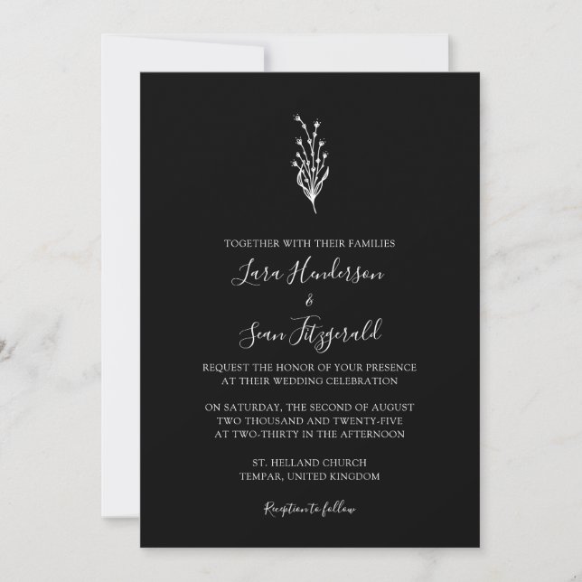Floral Lavender Modern Minimalist Black Invitation (Front)