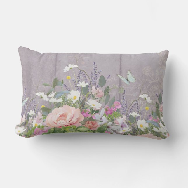 Floral Lavender Peony Butterflies Rustic Wood Art Lumbar Cushion (Front)