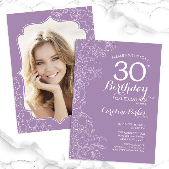 Floral Lavender Purple Photo 30th Birthday Party Invitation (Creator Uploaded)