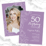 Floral Lavender Purple Photo 50th Birthday Party Invitation<br><div class="desc">Dusty Pink Floral Photo 50th Birthday Party Invitation. Minimalist modern design featuring botanical outline drawings accents and typography script font. Simple trendy invite card perfect for a stylish female bday celebration. Can be customised to any age. Printed Zazzle invitations or instant download digital printable template.</div>