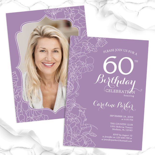 Floral Lavender Purple Photo 60th Birthday Party Invitation (Creator Uploaded)