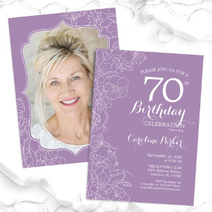 Floral Lavender Purple Photo 70th Birthday Party Invitation