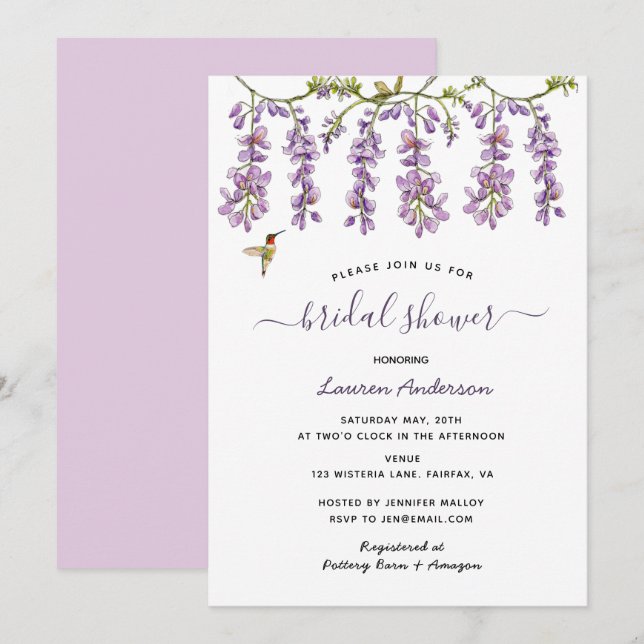 Floral Lavender Wisteria Bridal shower Announcement (Front/Back)