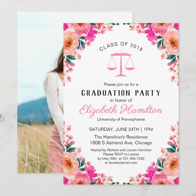 Floral Law School Graduation Party Photo Invitation (Front/Back)
