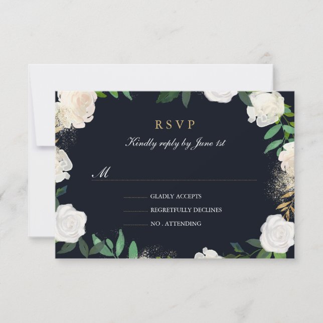 Floral Leaf Blush Navy Gold Wedding RSVP Card (Front)