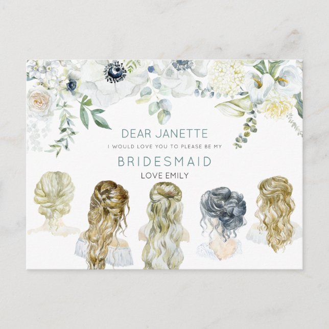 Floral Leaf Bridal Hair Girls Bridesmaid Request Postcard (Front)