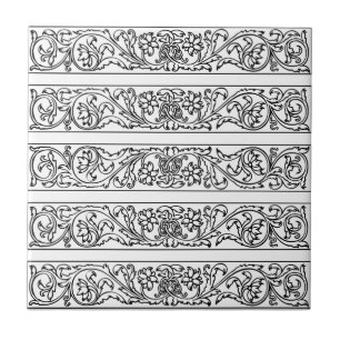 Floral Leaf Damask Black White Scroll Pattern Tile
