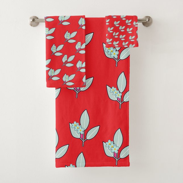 Floral Leaf Red Bath Towel Set (Insitu)
