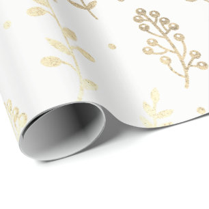 Floral Leafs Metallic White Faux Gold Delicate Wrapping Paper