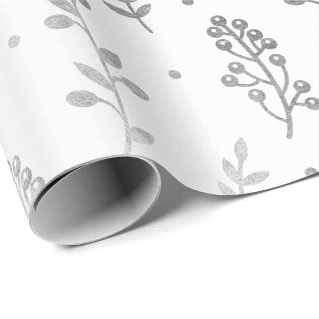 Floral Leafs Metallic White Silver Grey Delicate Wrapping Paper (Roll Corner)