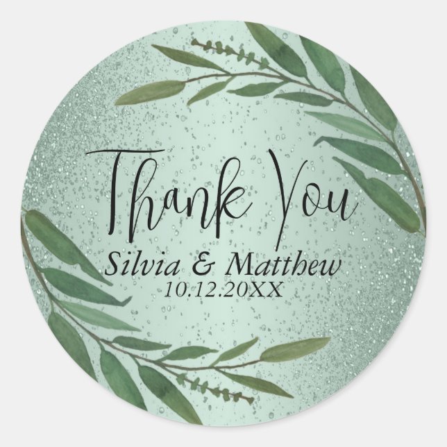 Floral Leaves and Mint Green Glitter - Thank You  Classic Round Sticker (Front)