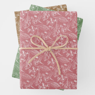 Floral Leaves Art Pattern On Pink Sage Green Brown Wrapping Paper Sheet