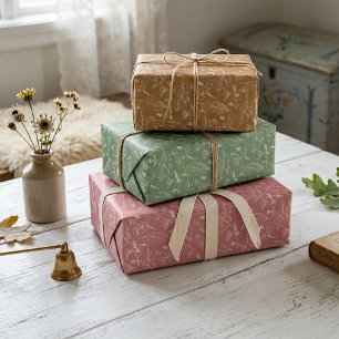 Floral Leaves Art Pattern On Pink Sage Green Brown Wrapping Paper Sheet