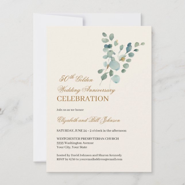 Floral Leaves Gold 50th Wedding Anniversary Invitation (Front)