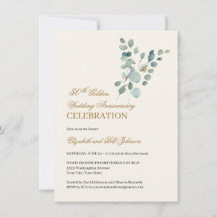 Floral Leaves Gold 50th Wedding Anniversary Invitation