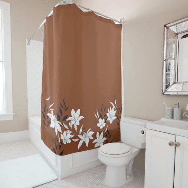 Floral Leaves Modern Boho Illustration Rust Shower Curtain (In Situ)