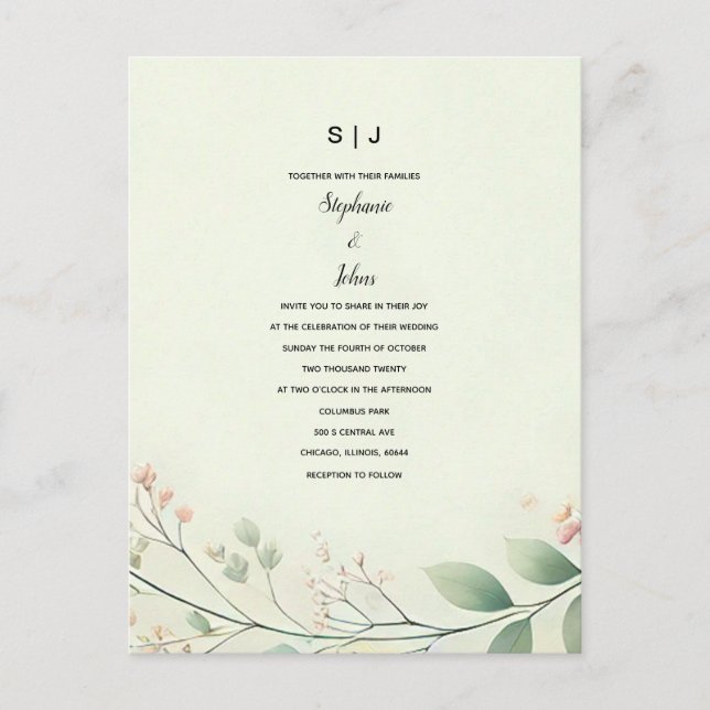 Floral Leaves Monogram Sage Green Beige Wedding Postcard (Front)