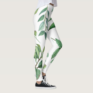 floral leaves pattern white green women girls leggings