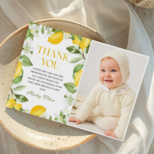Floral Lemon Citrus 1st Birthday Photo Thank You Card